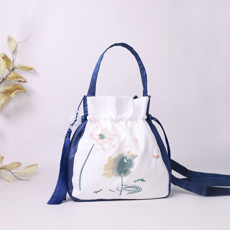 Embroidered Lotus Koi Fish Crane Camellia Cotton Linen Tote Crossbody Bag Shoulder Bag Handbag