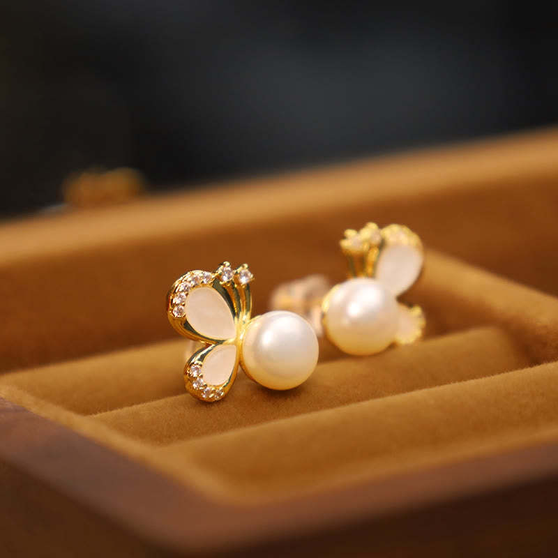 925 Sterling Silver Posts 18K Gold Plated Copper Natural Pearl Butterfly Zircon Healing Stud Earrings