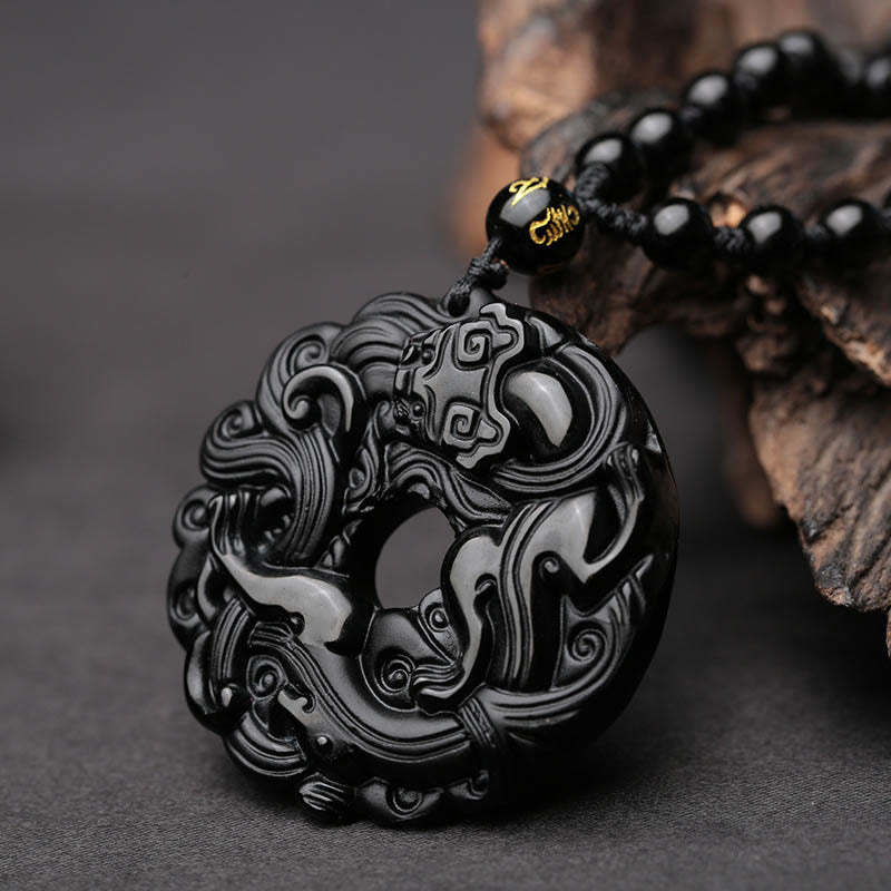 Natural Black Obsidian Peace Buckle Pixiu Purification Necklace Pendant