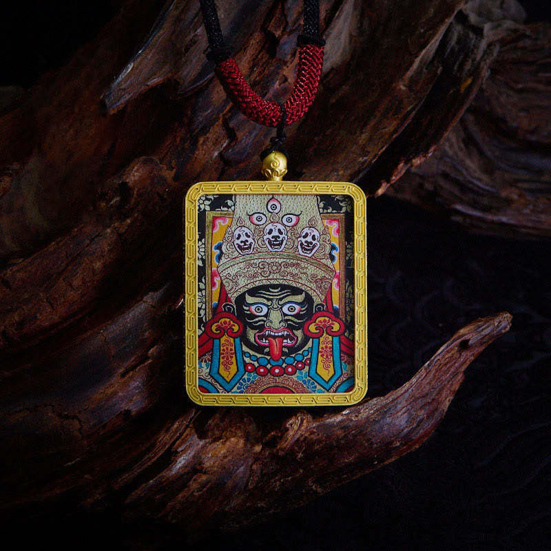 Tibetan Zakiram Nine-Tailed Fox Yellow God of Wealth Painted Thangka Hope Necklace Pendant