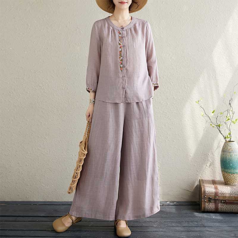 2Pcs Cotton Embroidery Flowers Shirt Top Pants Meditation Zen Tai Chi Clothing Women's Set