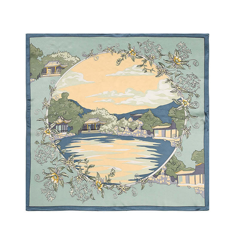 Pastoral Scene Hot Air Balloon Spring Blossom 100% Mulberry Silk Neck Hair Scarf