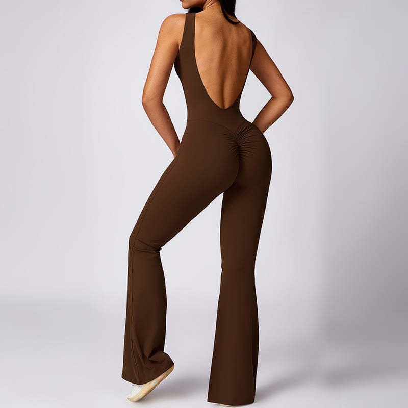 Women Casual Sleeveless Jumpsuit Flare Pants Sports Fitness Yoga Bodysuit