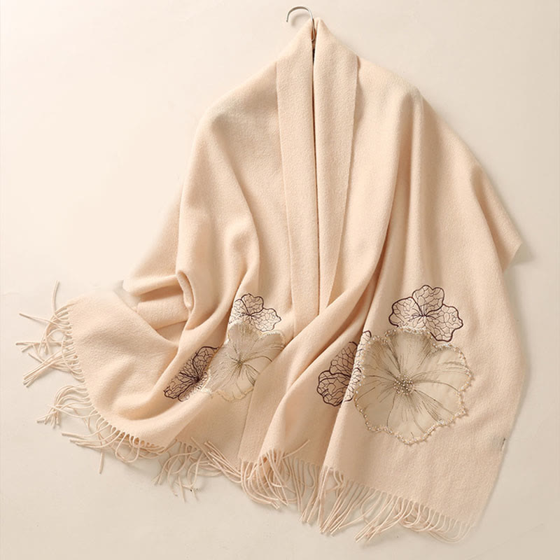 Wool Shawl Lotus Leaf Embroidery Tassel Winter Cozy Travel Scarf Wrap