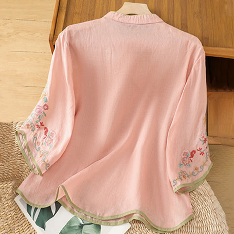 Casual Women's Embroidered Flower Stand Collar Design Three Quarter Sleeve Cotton Linen Shirt