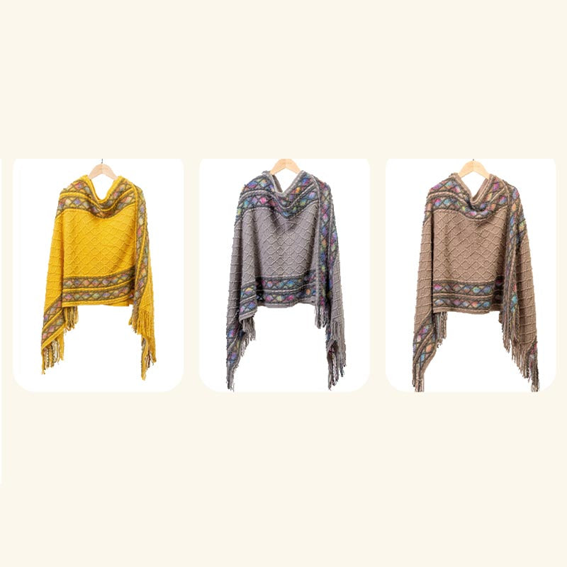 Tibetan Colorful Striped Rhombus Pattern Shawl Tassels Pullover Winter Cozy Travel Scarf Wrap