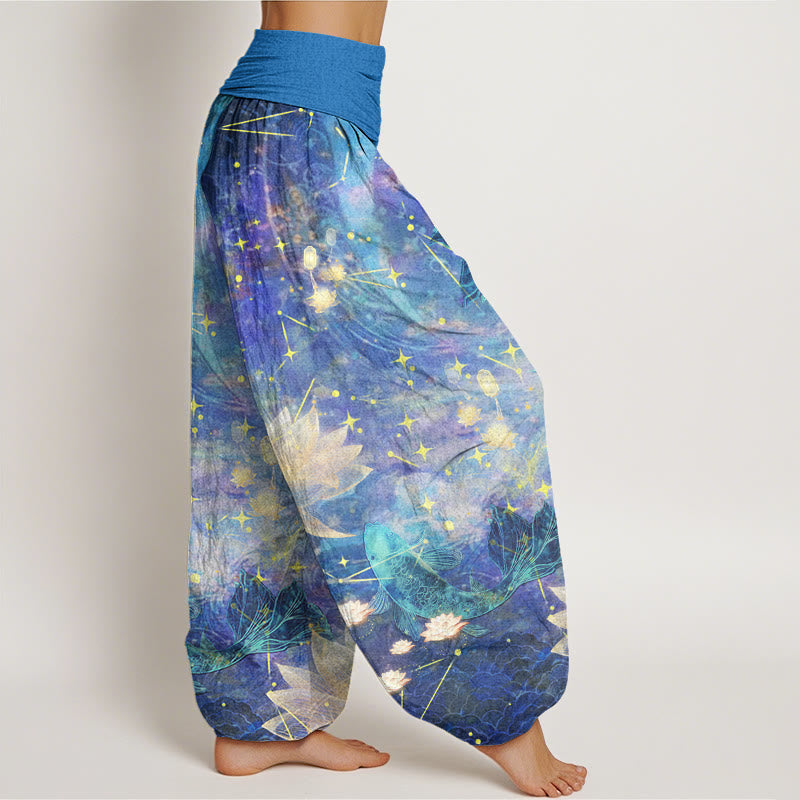 Koi Fish Lotus Moon Stars Pattern Women's Elastic Waist Harem Pants