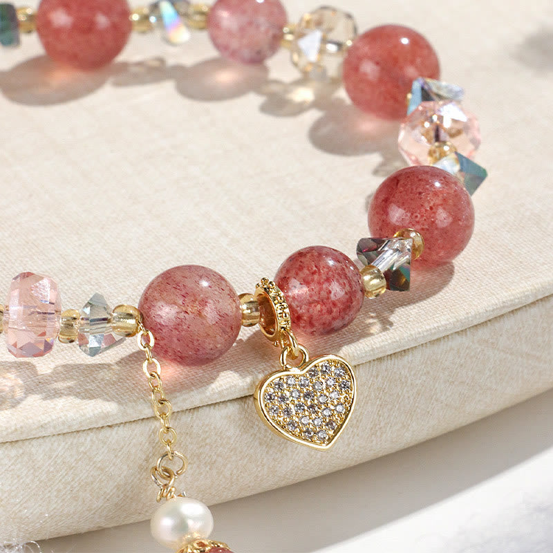 Strawberry Quartz White Crystal Pearl Liuli Heart Healing Bracelet