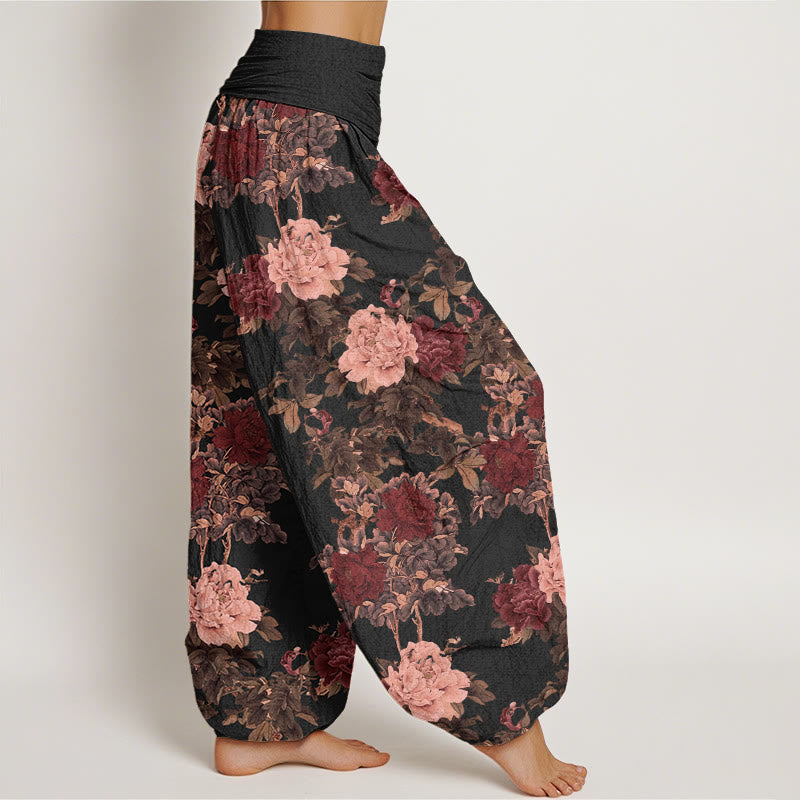 Casual Lush Peony Flowers Leaf Pattern Women's Elastic Waist Harem Pants