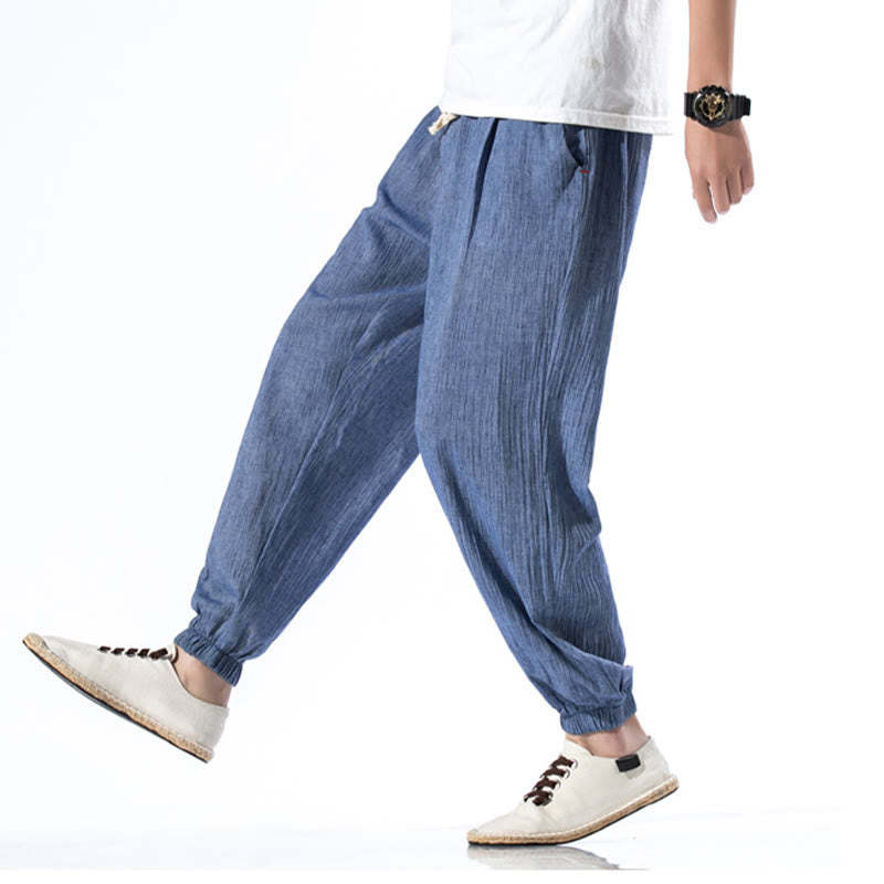Casual Solid Color Drawstring Linen Men's Pants With Pockets