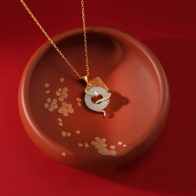 Natural Hetian Jade 925 Sterling Silver Year Of The Snake Peace Buckle Luck Necklace Pendant