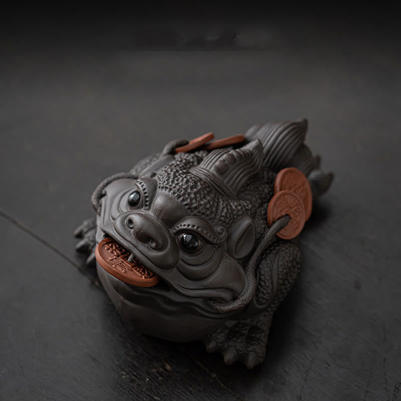 Feng Shui Frog Toad Copper Coins Ceramic Purple Clay Wealth Home Tea Pet Figurine Decoration