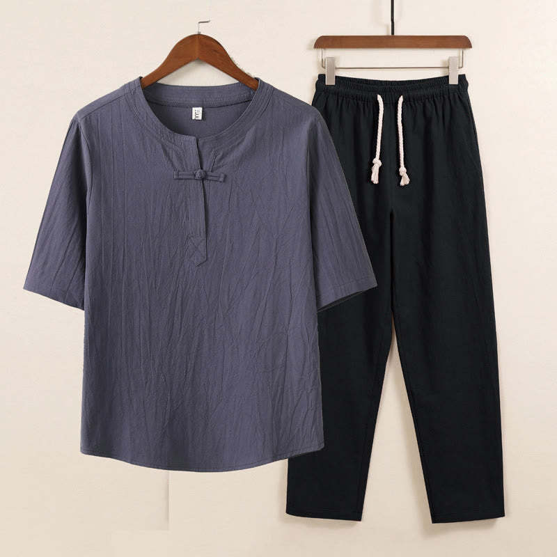 2Pcs Simple Design Chinese Frog-Button Shirt Drawstring Wide Leg Pants With Pockets Men's Meditation Cloth Set