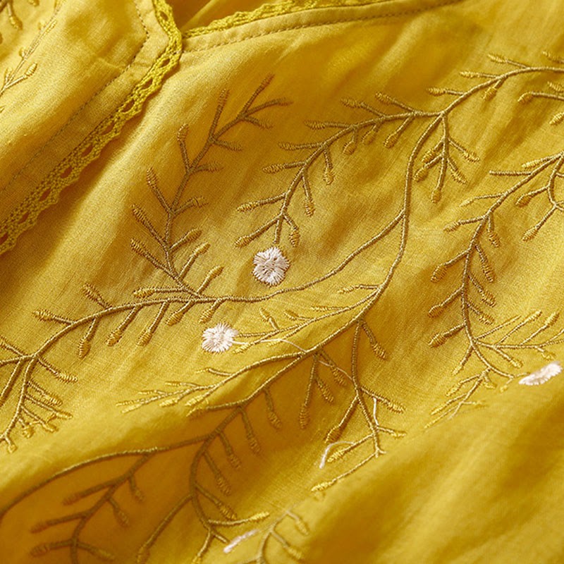 Summer Casual Flower Branches Embroidered Pattern V-Neck Half Sleeve Cotton Linen Women's T-shirt