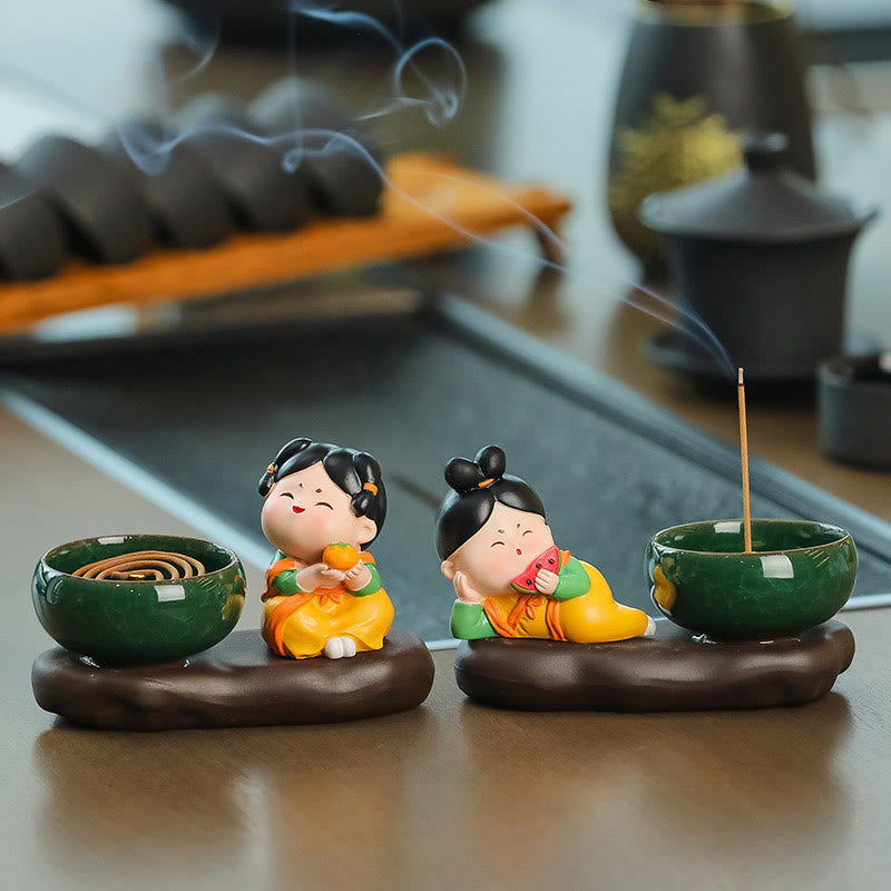 Tang Dynasty Lady Food Healing Ceramic Incense Burner Desk Decoration