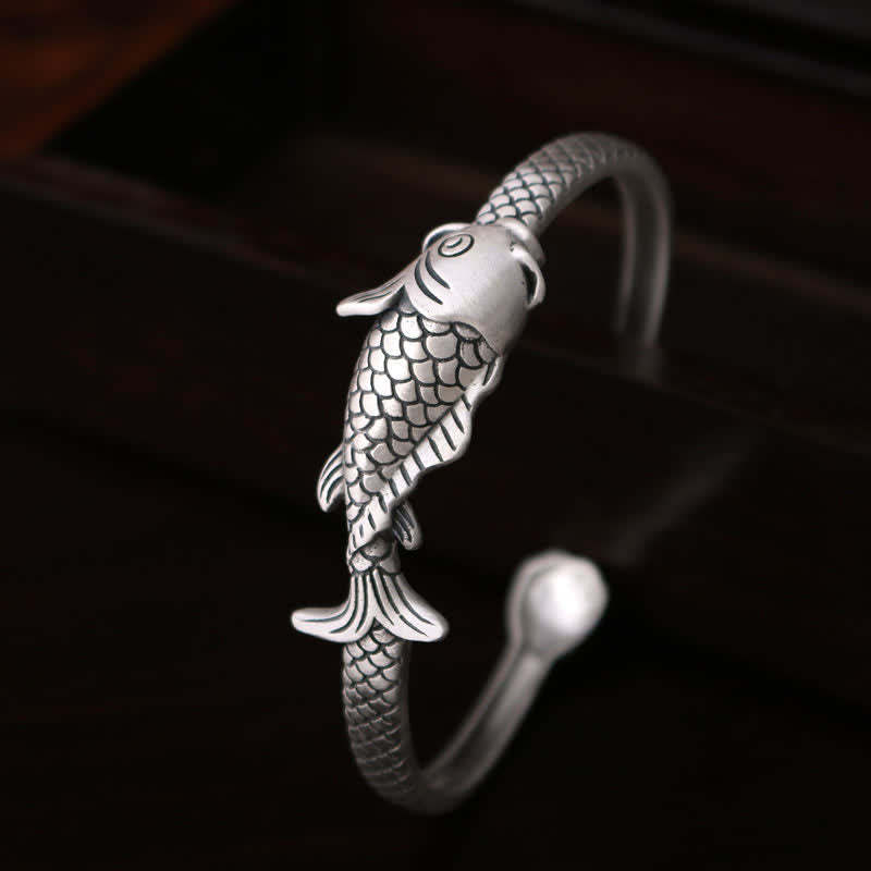 990 Sterling Silver Koi Fish Lotus Luck Wealth Bracelet Bangle