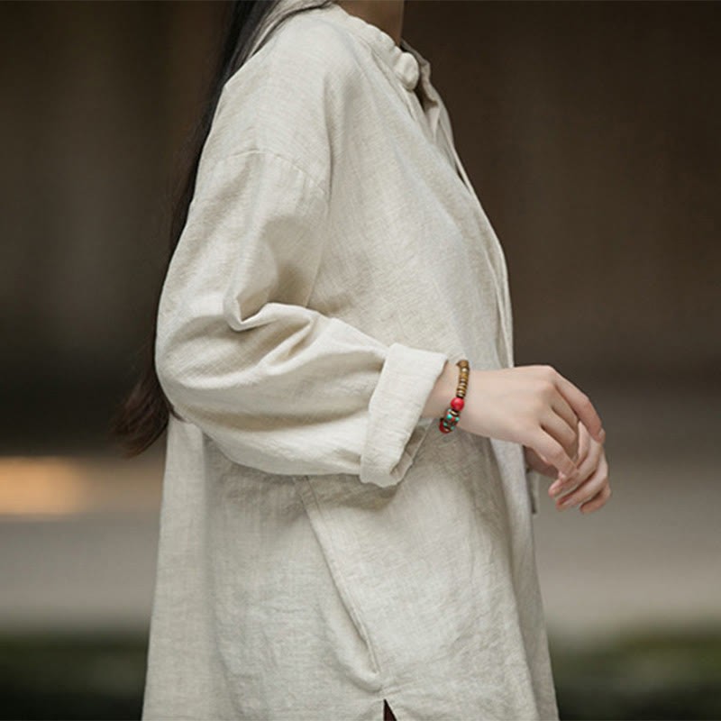 Retro Solid Color Long Sleeve Ramie Linen Women's Shirt