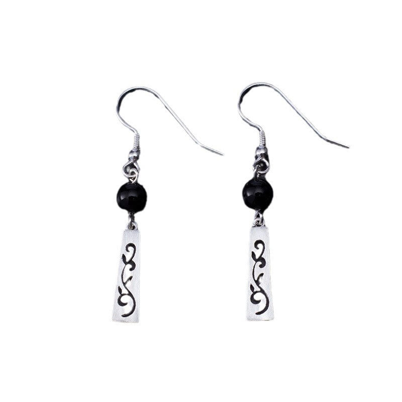 925 Sterling Silver Black Onyx Hollow Vine Protection Drop Earrings