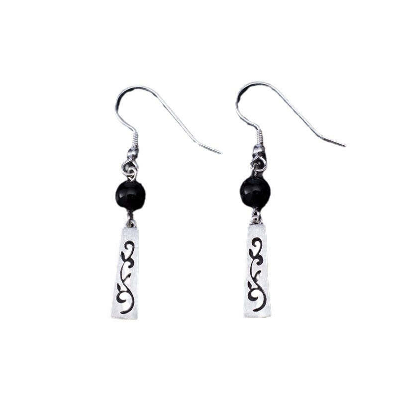 925 Sterling Silver Black Onyx Hollow Vine Protection Drop Earrings