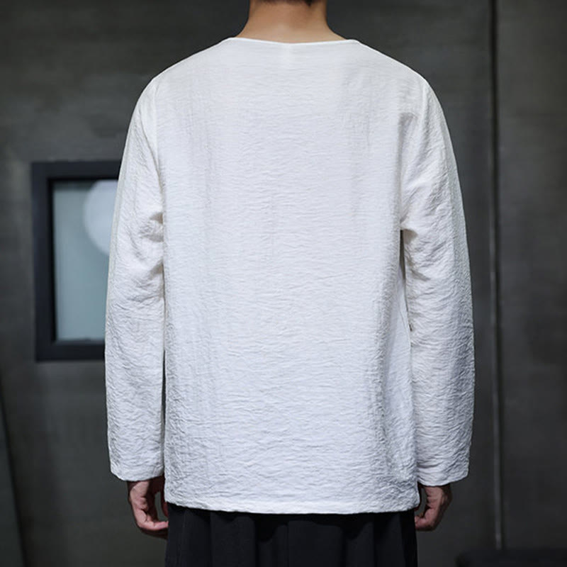 Solid Color Loose Long Sleeve Round Neck Cotton Men's Shirts