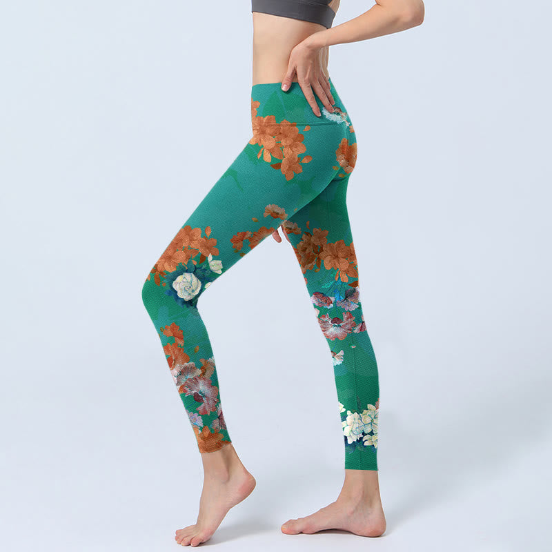 Green Orange Beige Floral Print Gym Leggings Women's Yoga Pants