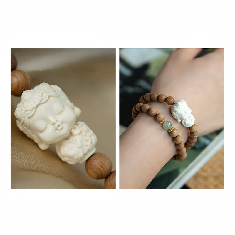 Sandalwood Hetian Jade Ivory Fruit Green Tara Protection Bracelet