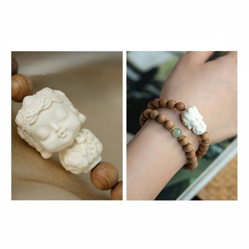 Sandalwood Hetian Jade Ivory Fruit Green Tara Protection Bracelet