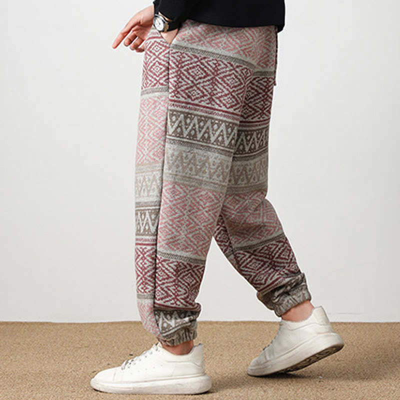 Ethnic Jacquard Knitting Drawstring Men's Pants With Pockets