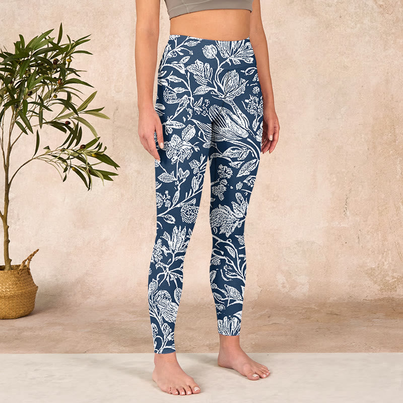 Dark Blue Flower Print Fitness Leggings Women's Yoga Pants