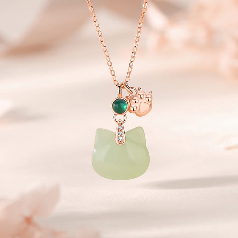 Hetian Jade 925 Sterling Silver Plated Gold Cat Head Cat Paw Abundance Necklace Pendant