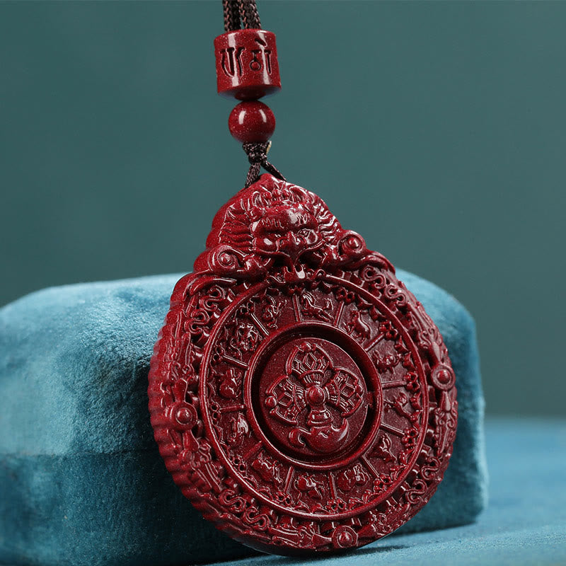 Chinese Zodiac Natural Cinnabar Bagua Amulet Keep Away Evil Spirits Necklace Pendant