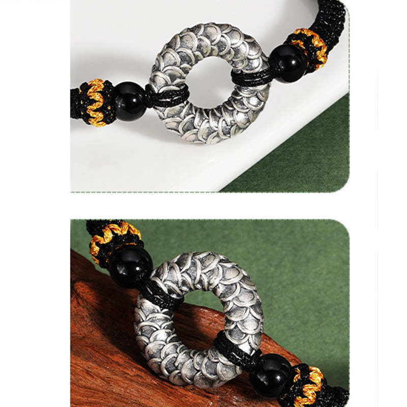 Handmade Black Onyx 999 Sterling Silver Peace Buckle Dragon Black String Luck Braided Bracelet