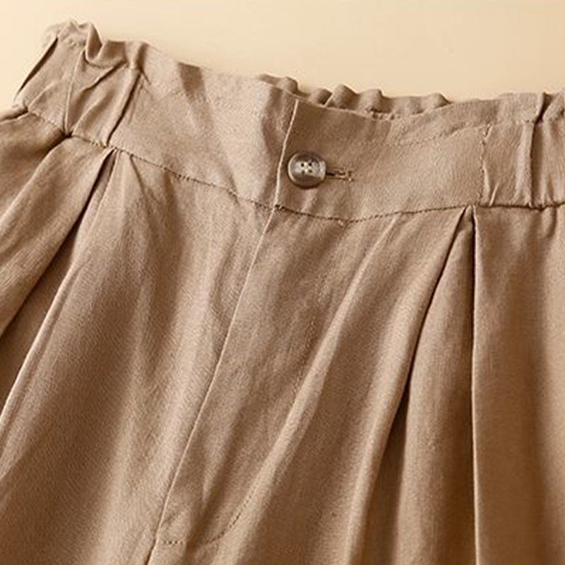 Plain Color Pleated Zipper Button Cotton Linen Women's Shorts With Pockets
