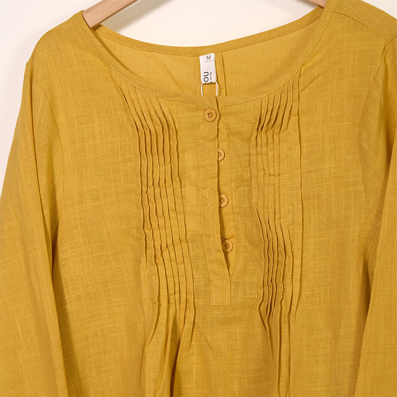 Round Neck Casual Pleated Long Sleeve Shirt Cotton Linen Women's Shirts