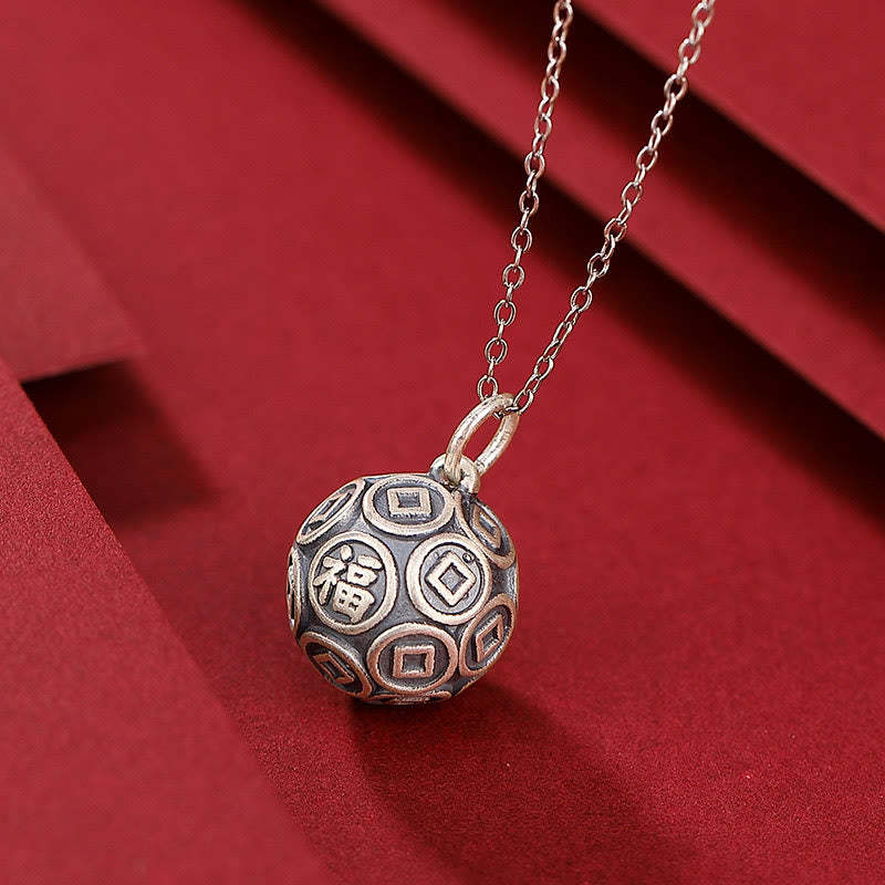 990 Sterling Silver Fu Character Copper Coin Luck Fortune Chain Necklace Pendant