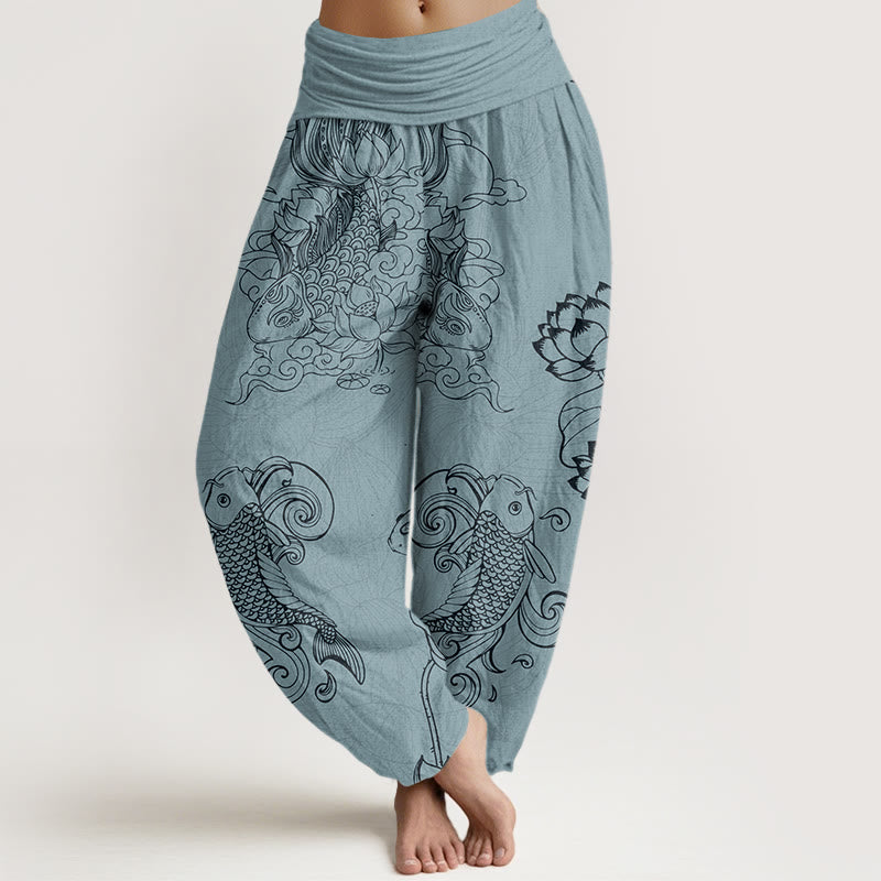 Koi Fish Auspicious Clouds Lotus Flowers Design Women's Elastic Waist Harem Pants