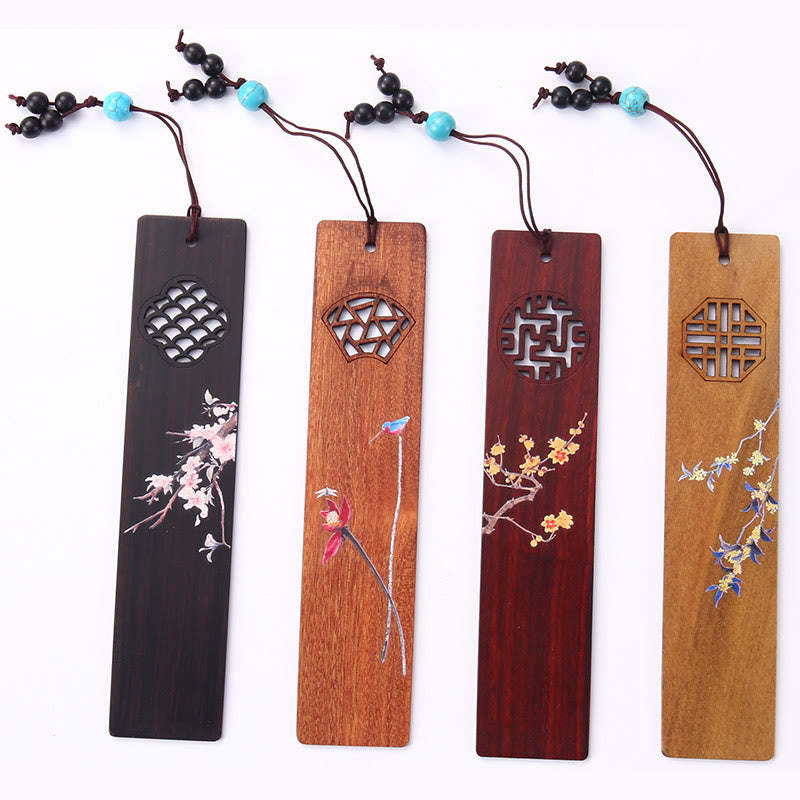 4Pcs Four Seasons Plum Orchid Bamboo Chrysanthemum Peking Opera Mask Wood Bookmarks With Gift Box