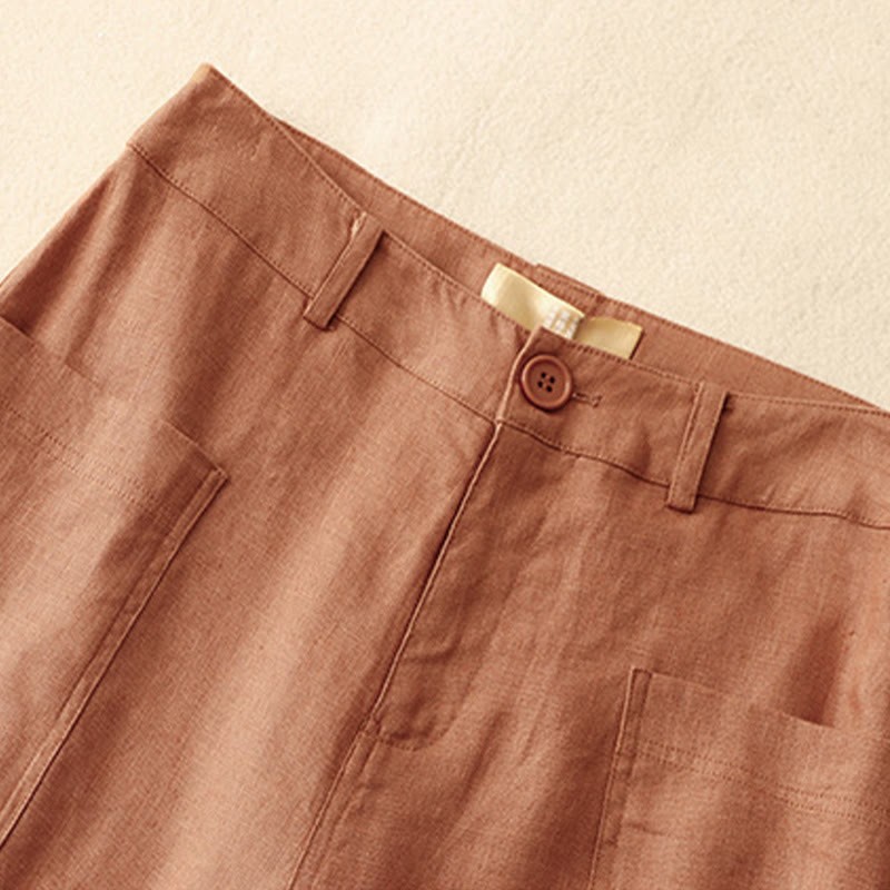 Summer Simple Design Ankle-Length Cotton Linen Women's Wide Leg Pants With Pockets Zipper