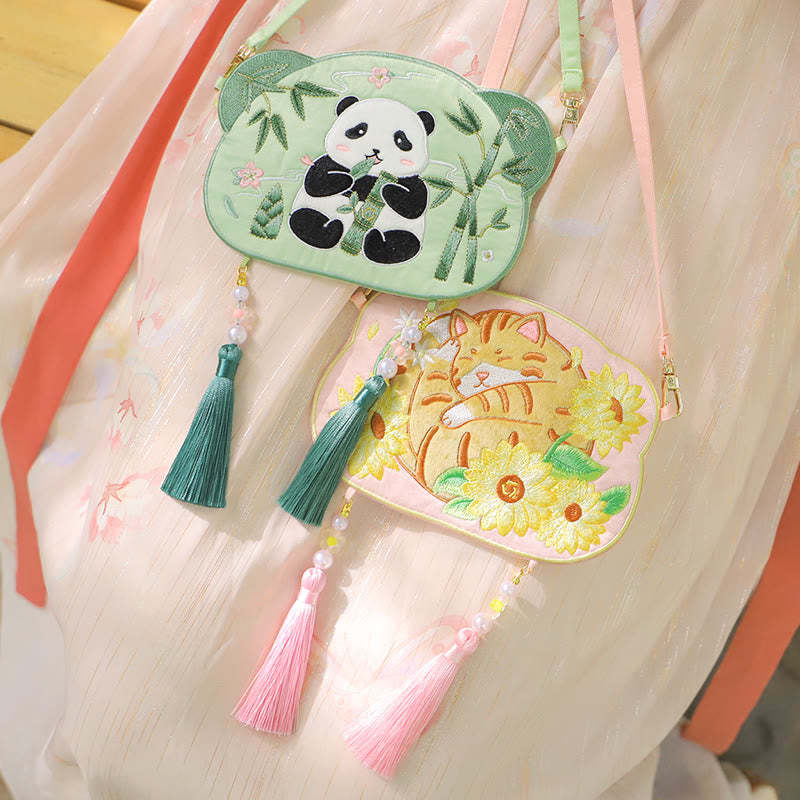 Embroidery Lucky Panda Cat Shiba Inu Deer Rabbit Fox Flower Cute Animal Hanfu Bag Crossbody Bag Shoulder Bag