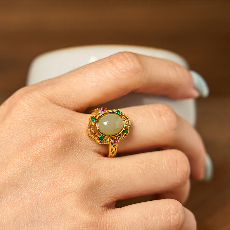Natural Hetian Jade Egg Hollow Pattern Copper Open Luck Ring