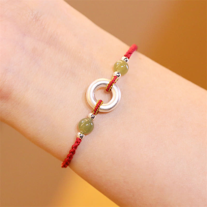 999 Sterling Silver Peace Buckle Hetian Jade Handmade Luck Red Rope Bracelet