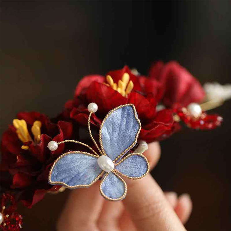 Chinese Wedding Red Flower Butterfly Hair Clip