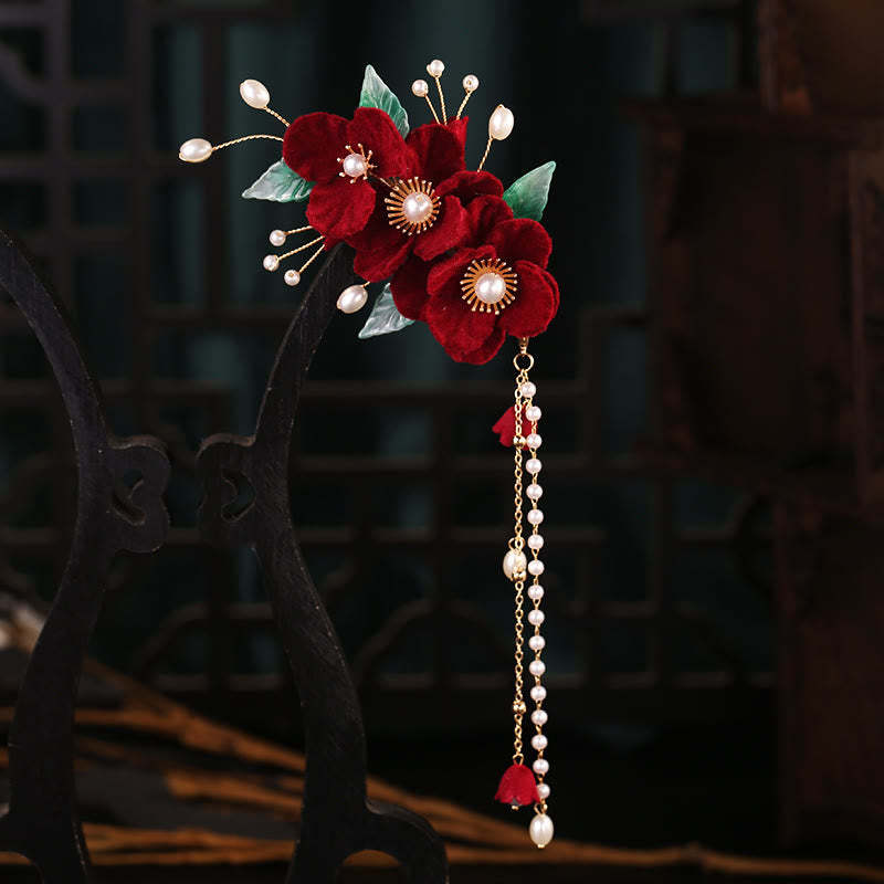 Antiquity Red Flowers Pearl Tassel Hair Clip Set