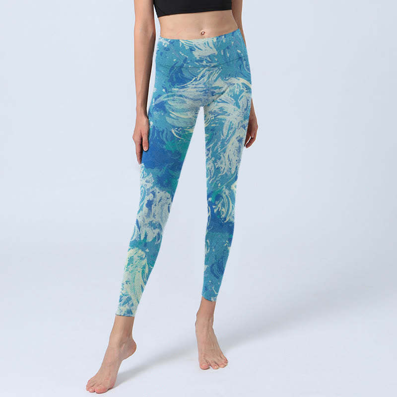 Blue Abstract Oil Paint Water Pattern Print Gym Leggings Women's Yoga Pants