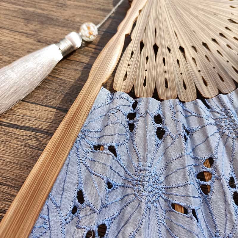 Solid Color Hollow Flowers Embroidery Cotton Fabric Handheld Bamboo Folding Fan
