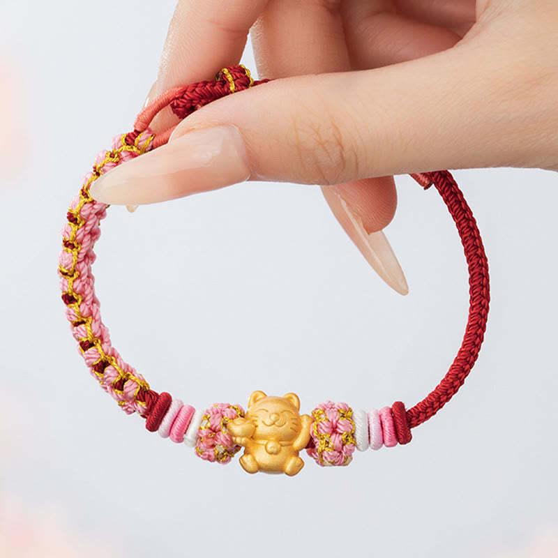 Handmade 999 Sterling Silver Fortune Cat Ingot Peach Blossom Luck?Red Rope Bracelet