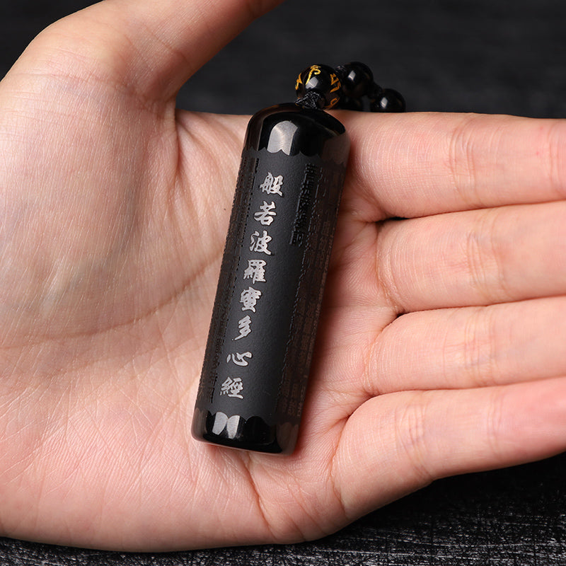 Natural Black Obsidian Heart Sutra Purification Necklace Pendant