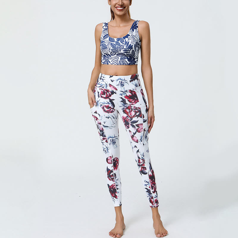 Rose Lines Tiger Leopard Print Sports Fitness High Waist Leggings Women's Yoga Pants With Pockets