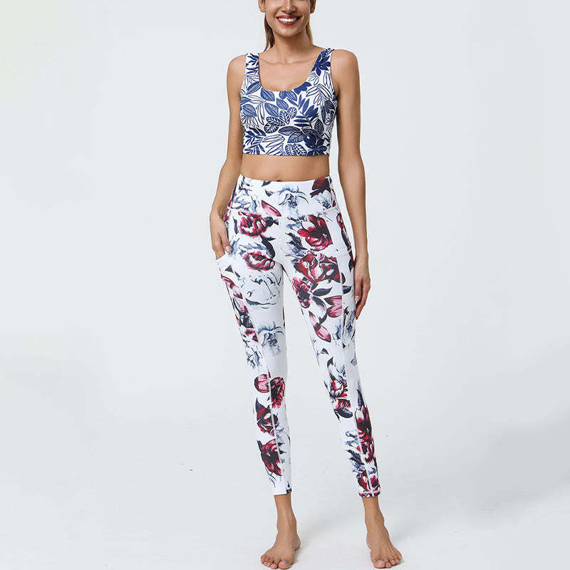 Rose Lines Tiger Leopard Print Sports Fitness High Waist Leggings Women's Yoga Pants With Pockets