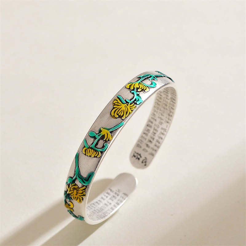Plum Blossom Chrysanthemum Flower Design Heart Sutra Healing Bracelet Cuff Bangle